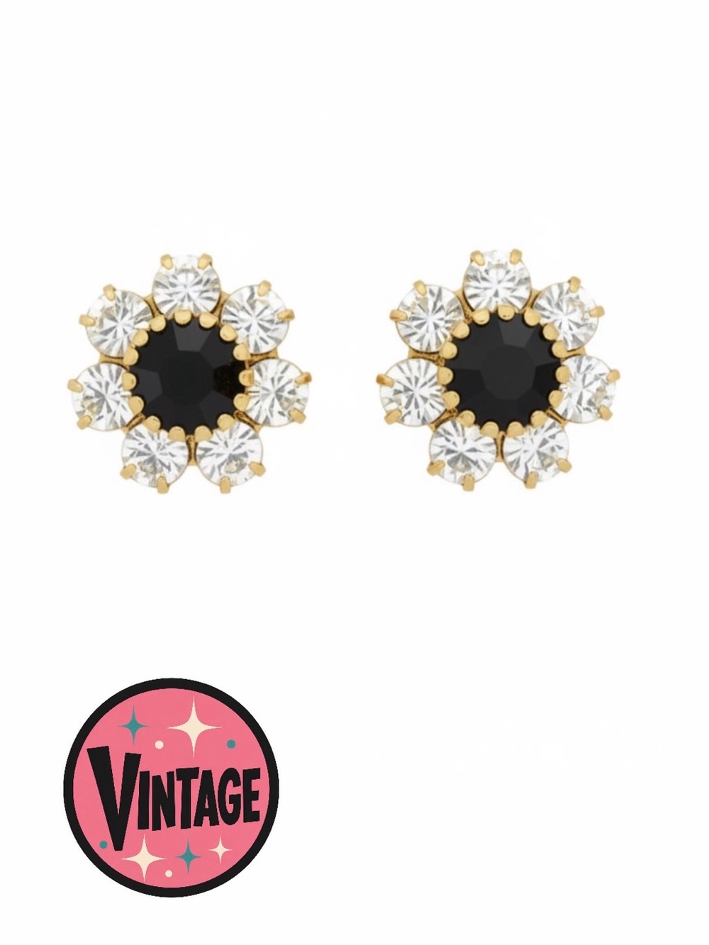 Vintage 1960s Black Chaton Rhinestone Flower Stud Mid Century Earrings Gold Tone